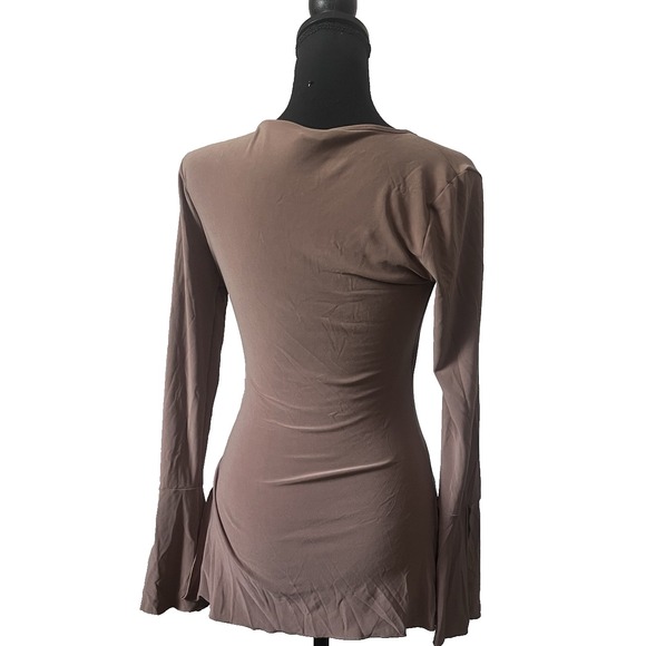 Women's Brown V Neck Faux Wrap Flare Sleeve Stretchy Casual Boho Y2K M - Picture 5 of 6